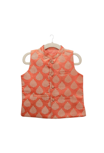 Tangerine Orange Brocade Nehru Jacket